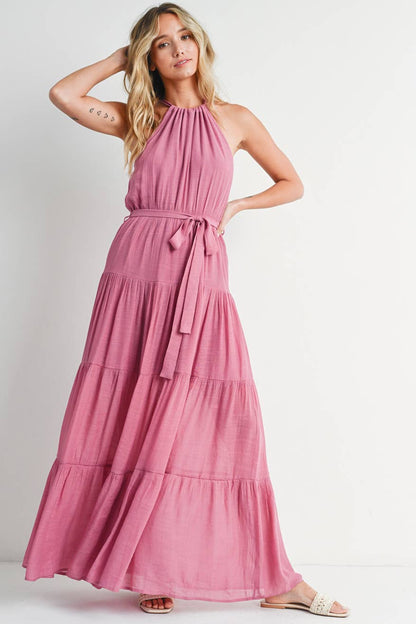 Rose Tiered Halter Maxi Dress