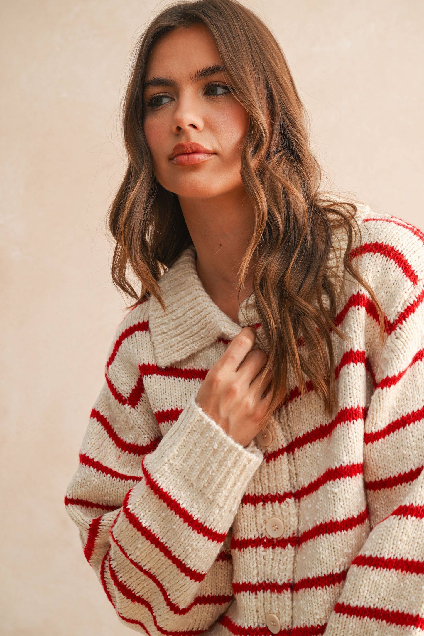 Striped Collared Cardigan Red