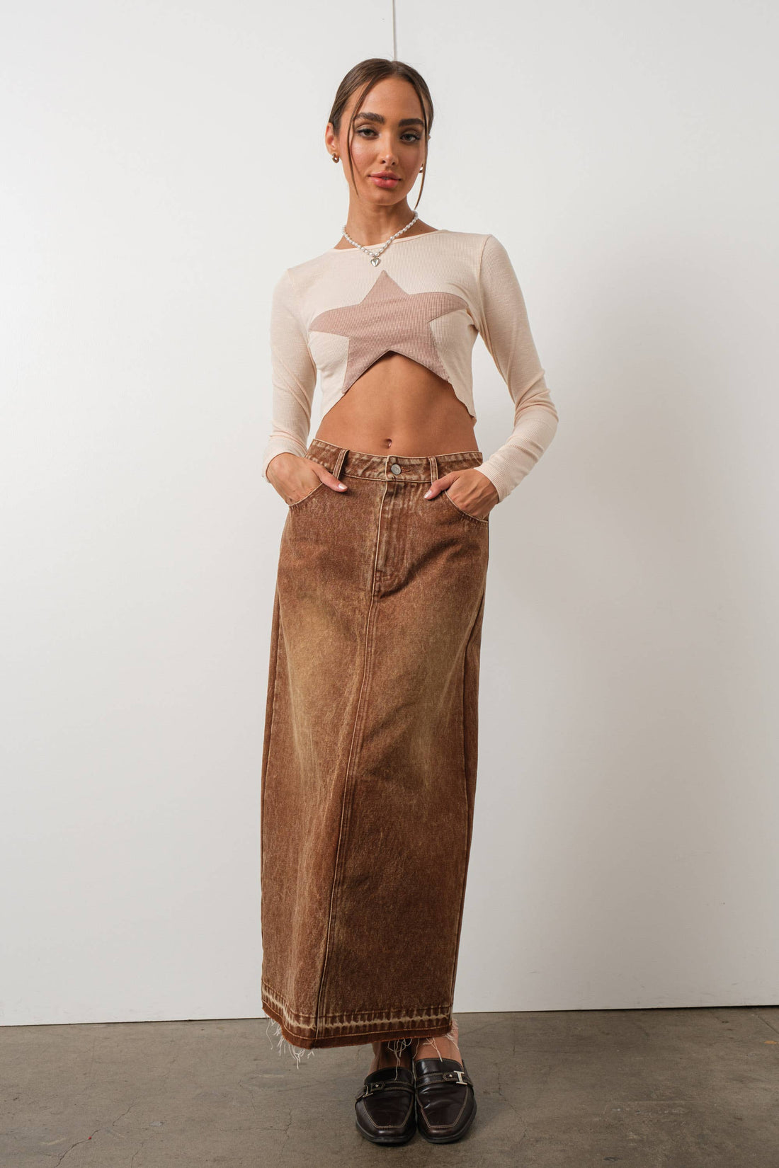 Brown Washed Denim Skirt