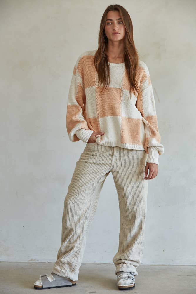 Cream Coral Checkered Pullover