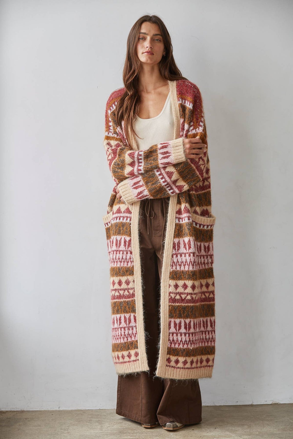 Long Printed Burgundy Cardigan