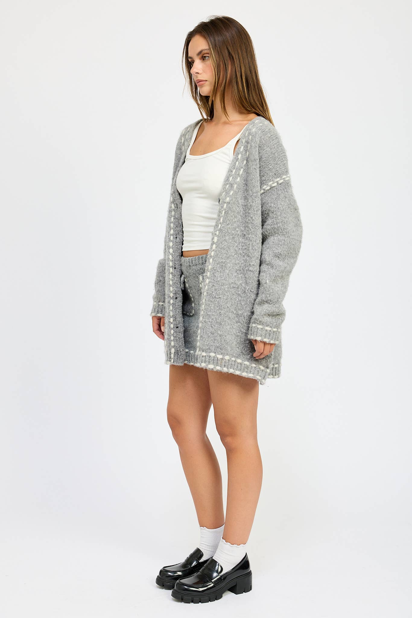 Gray Contrasted Stitch Cardigan