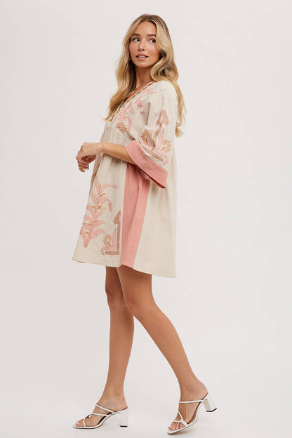 Embroidered Babydoll Dress - Pink