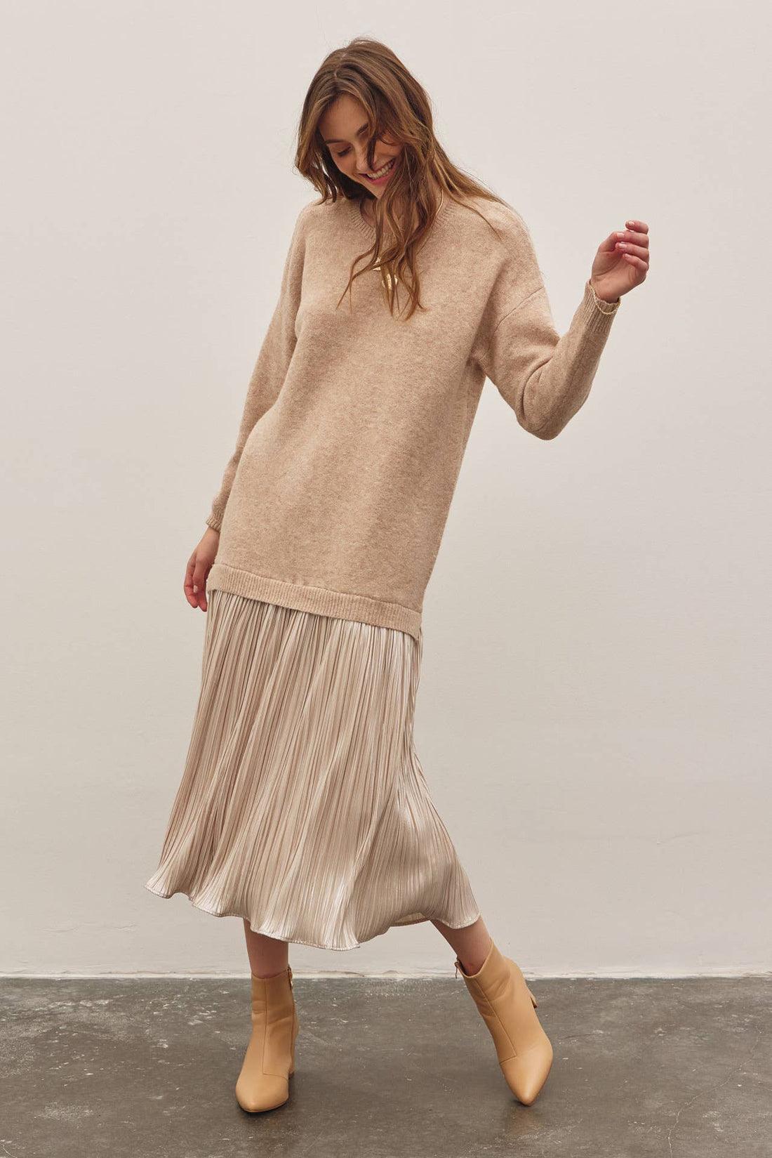 Beige Metallic Pleated Skirt Midi Dress