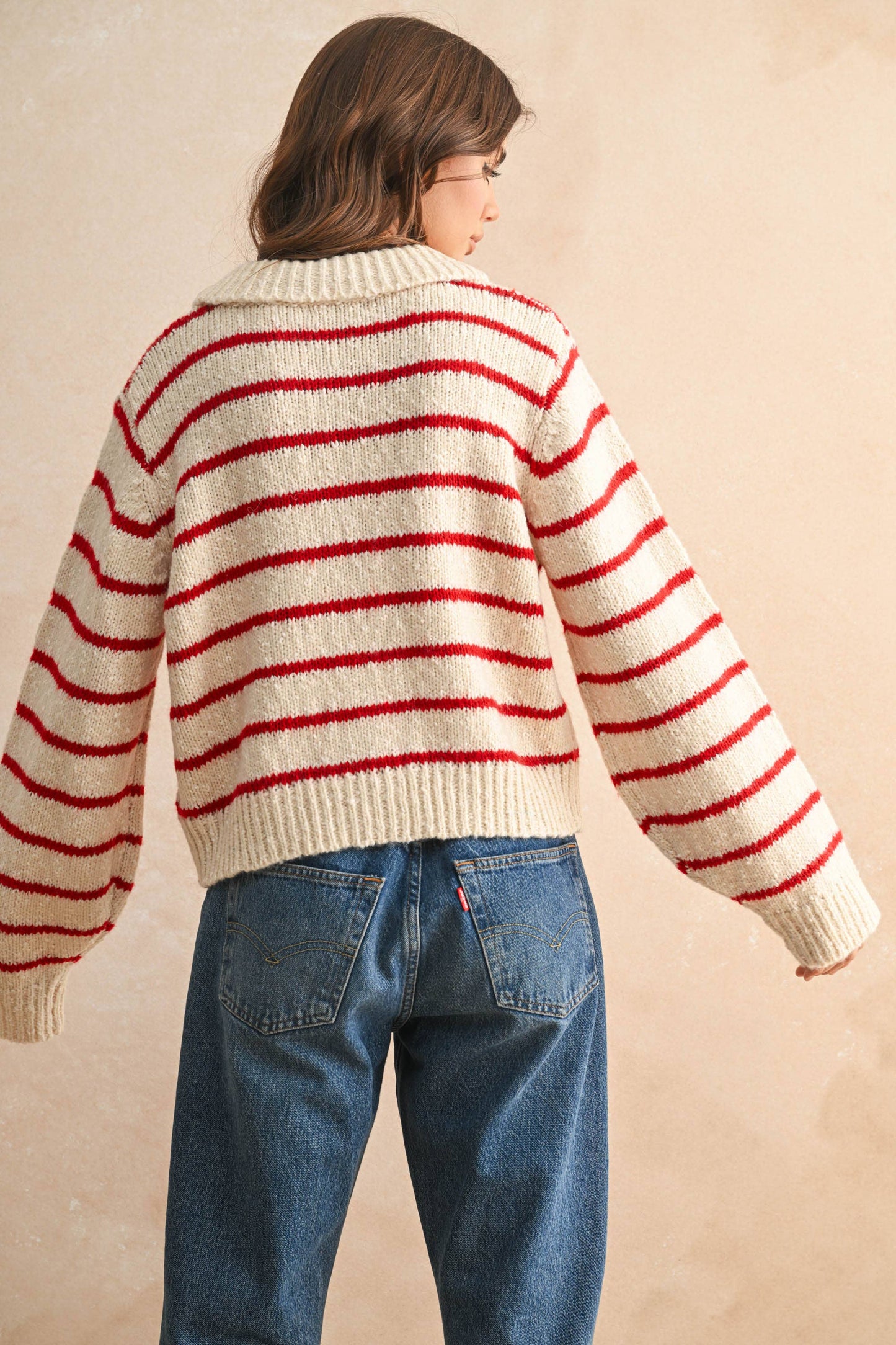 Striped Collared Cardigan Red