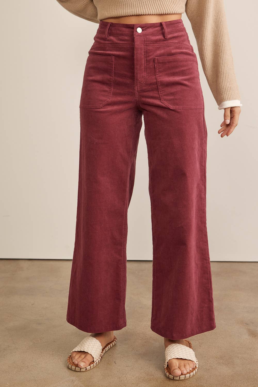 Wide Leg Corduroy Pants - Berry