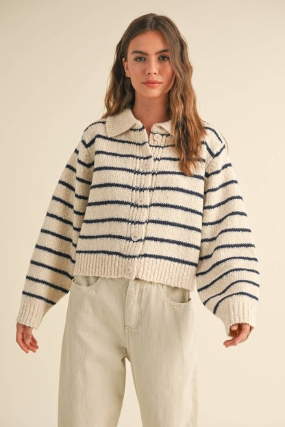 Navy Stripe Collared Cardigan