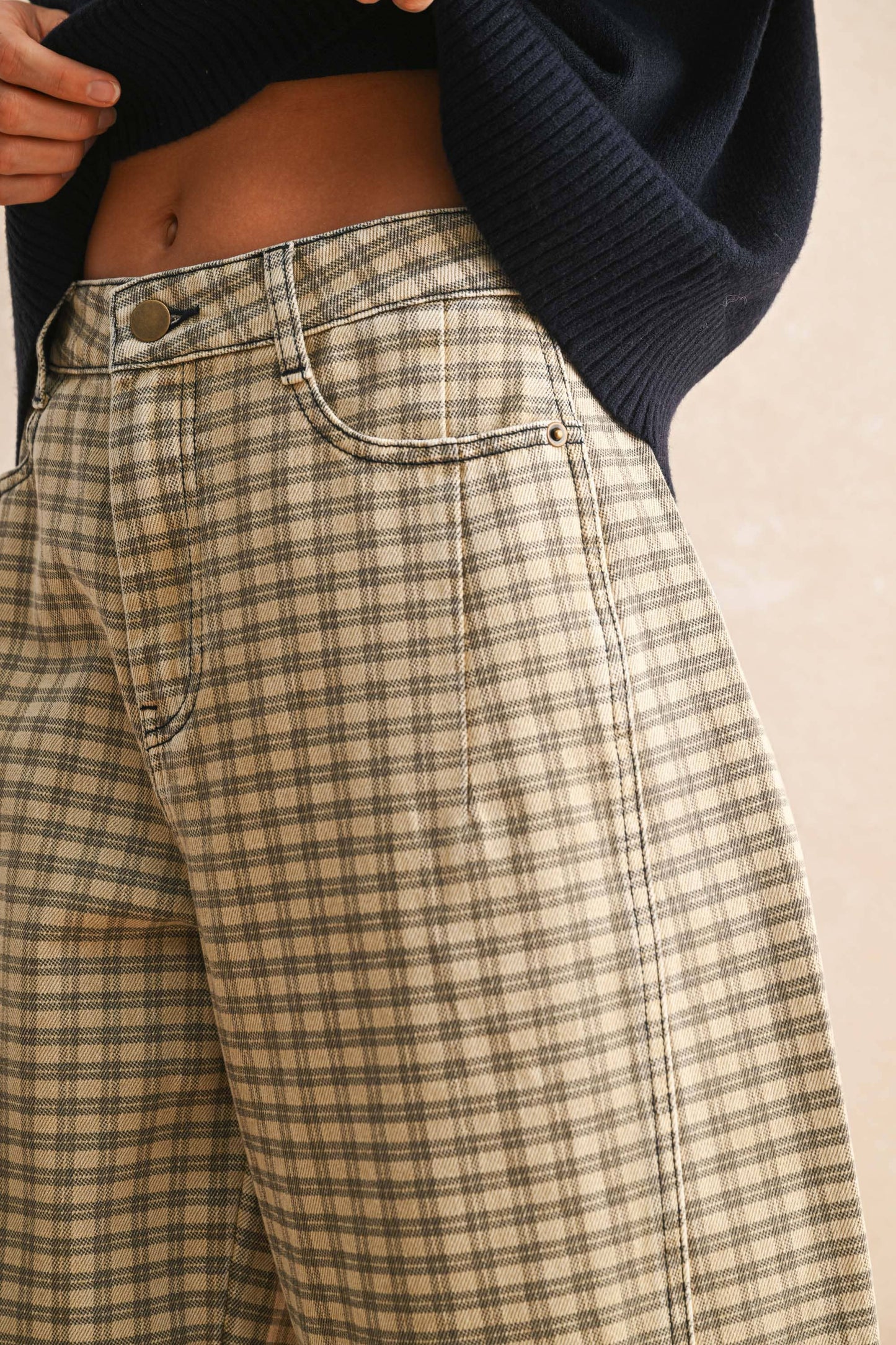 Tan Checker Barrel Pants