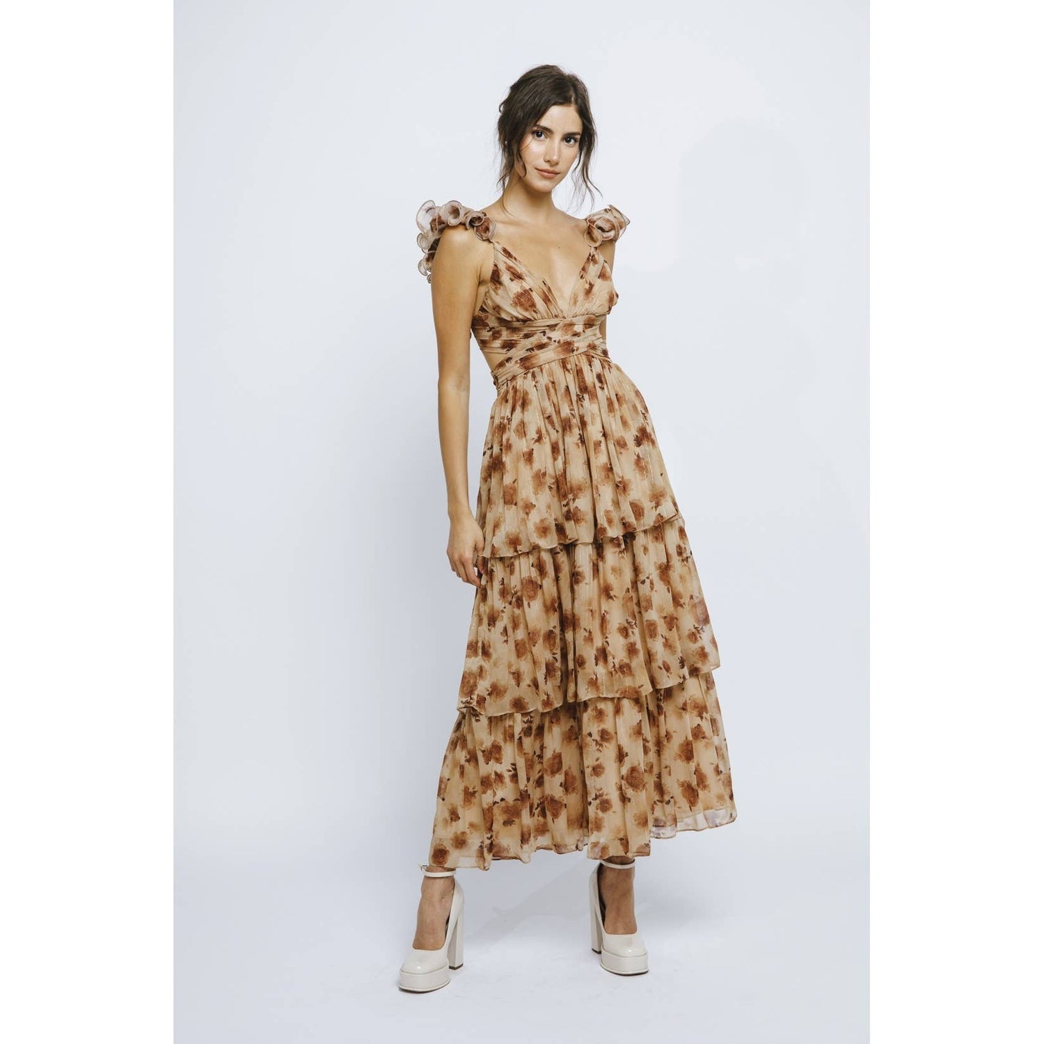 Brown Floral Ruffle Dress