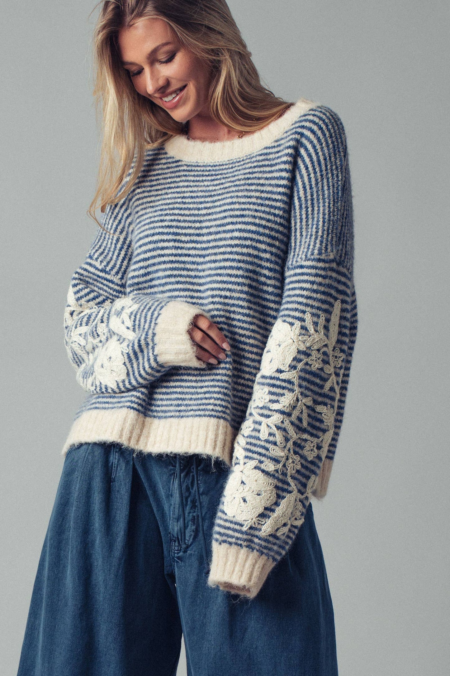 Floral Embroidered Stripe Sweater