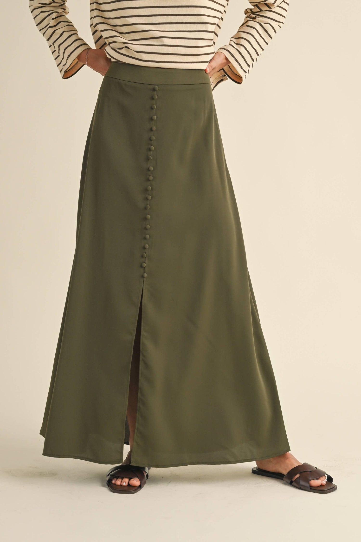 Olive Button Detail Satin Skirt