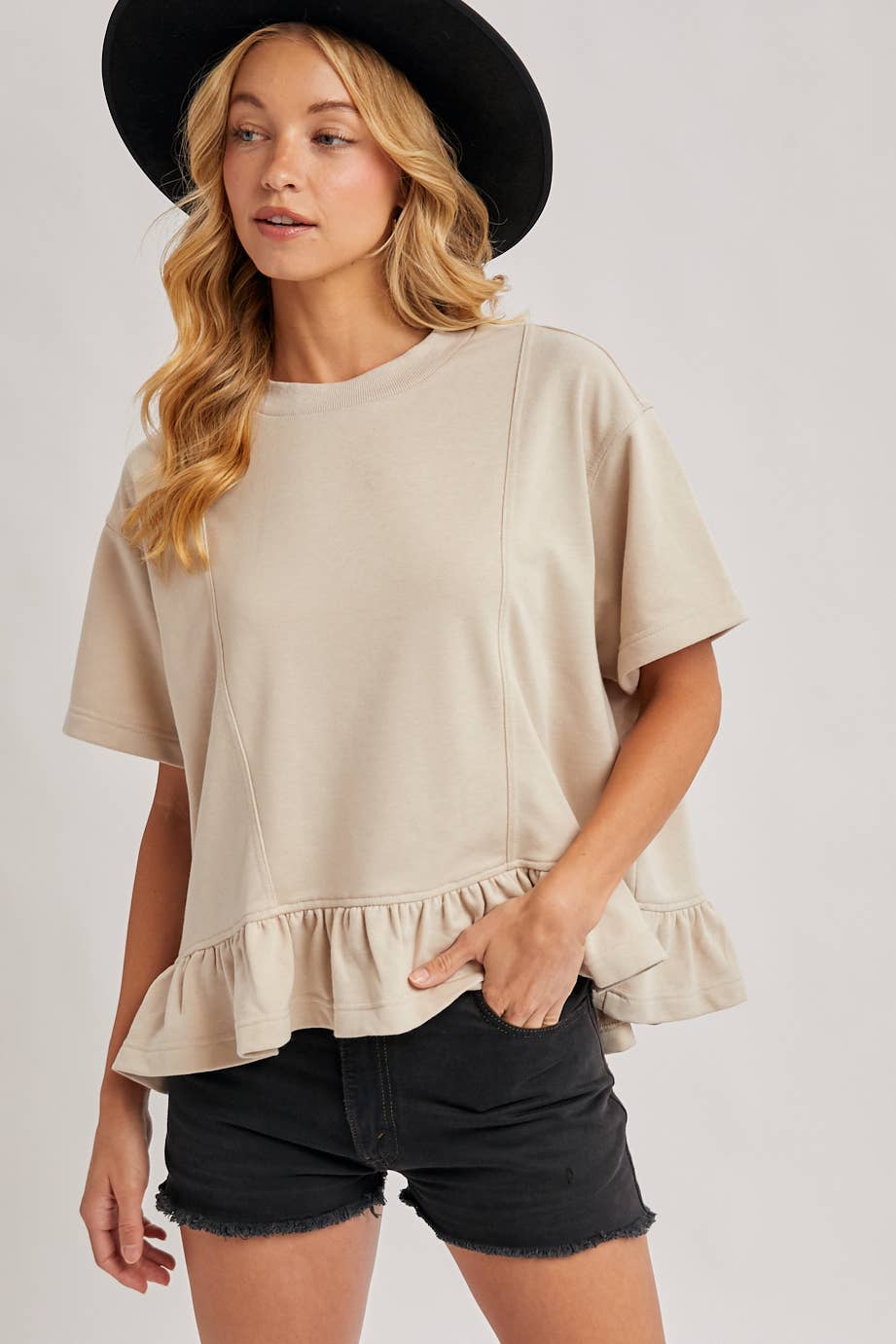 Ruffled Peplum Tee - Sand