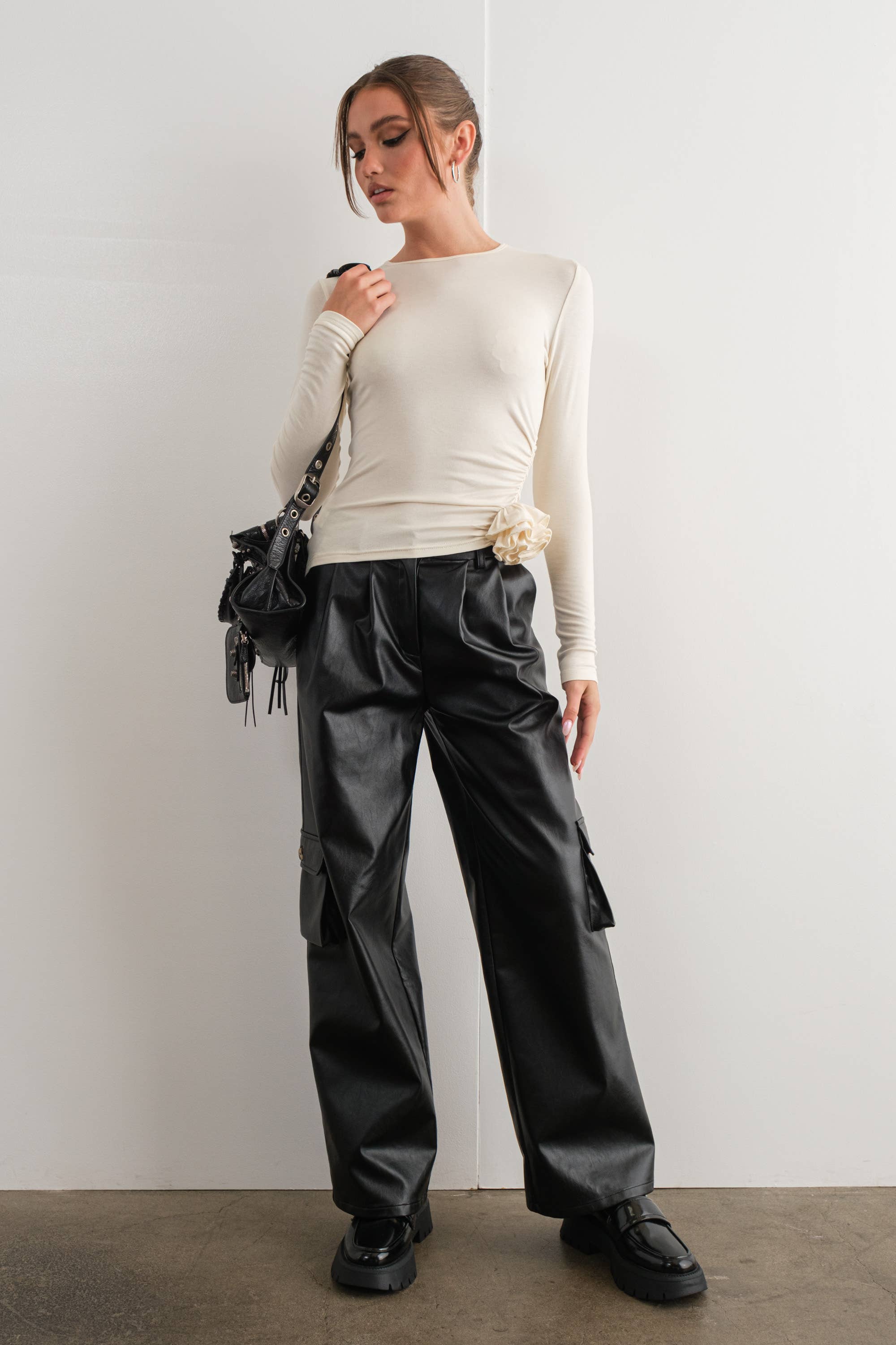 Wide Cargo Black Leather Pants