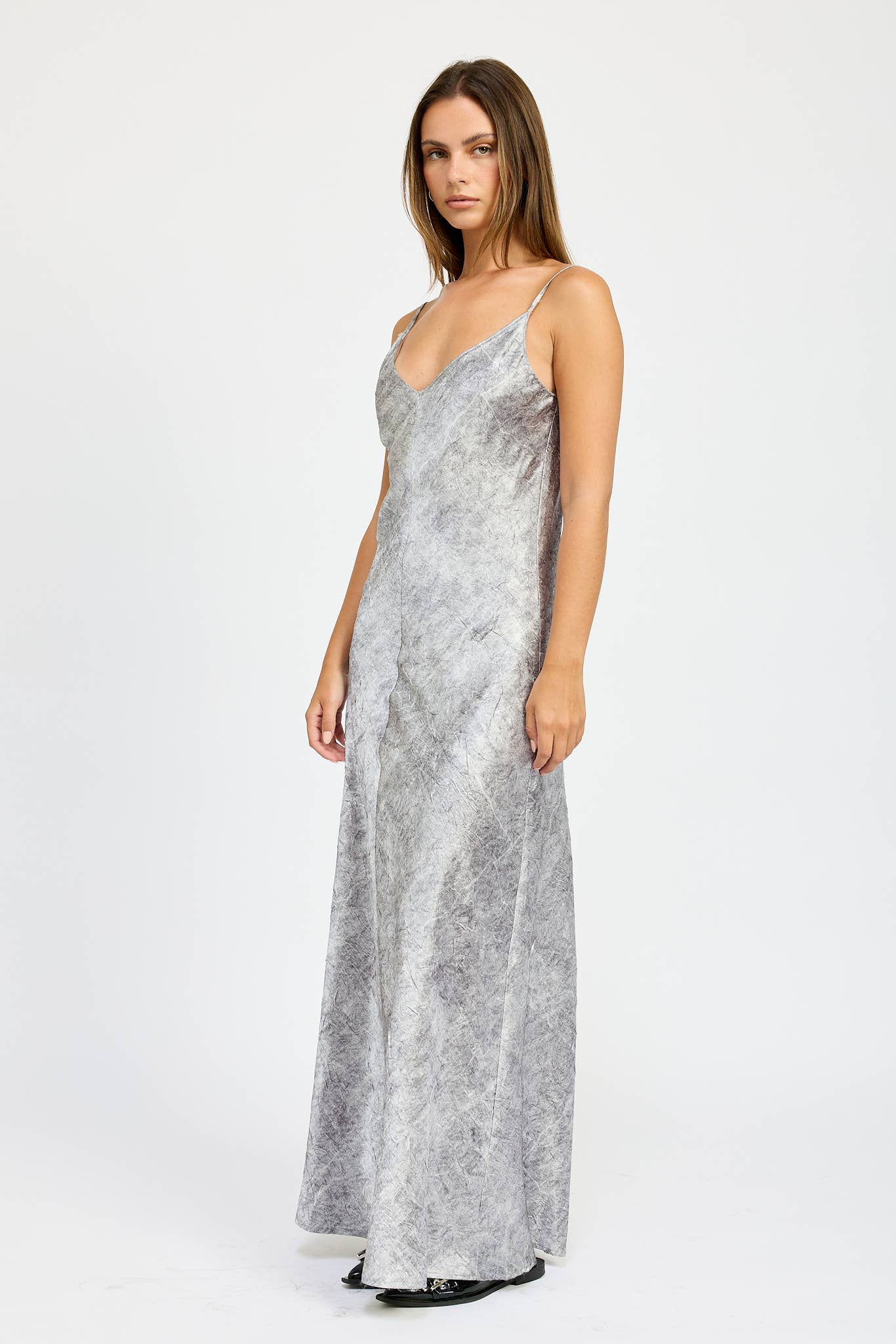 Silver Cruched Velvet Maxi Dress