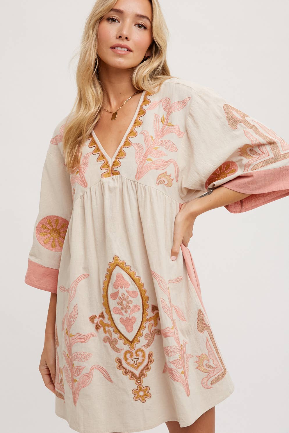 Embroidered Babydoll Dress - Pink