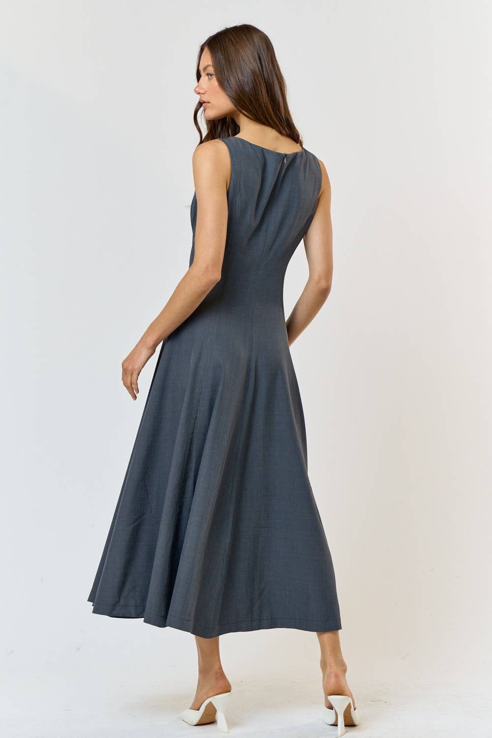 Boat Neck Flared Midi Dress - Charcoal