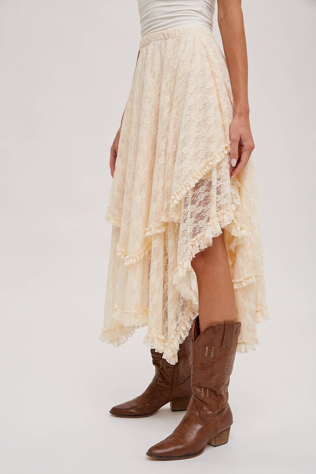 Ecru Lace Tier Midi Skirt