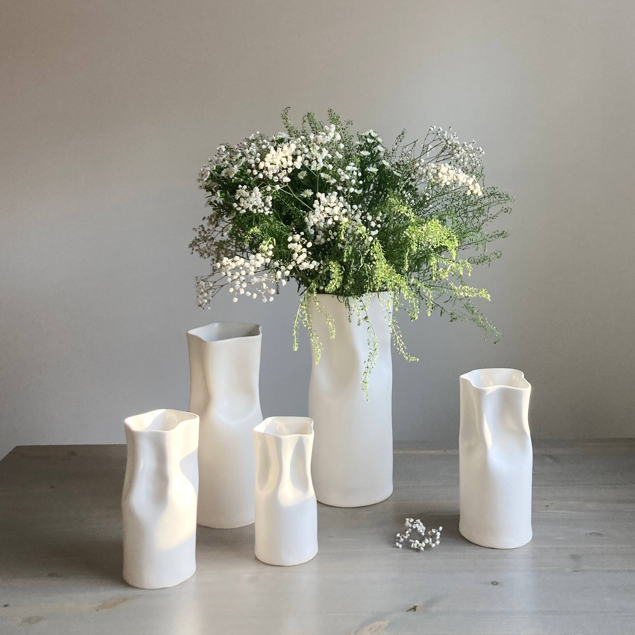 White Satin Ceramic Pinched Vase: Satin White / bud vase