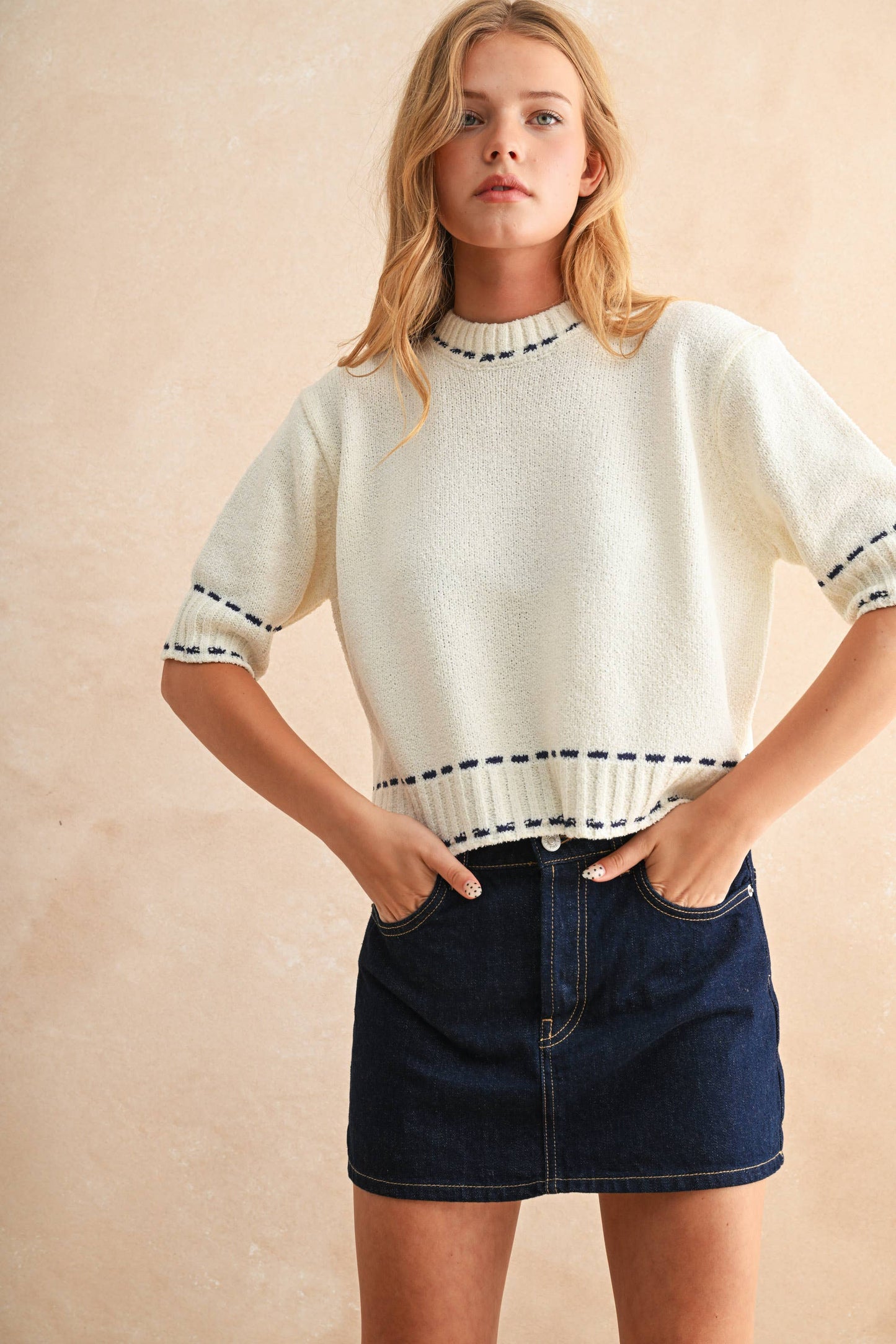 Navy Stitch Short Sleeve Top