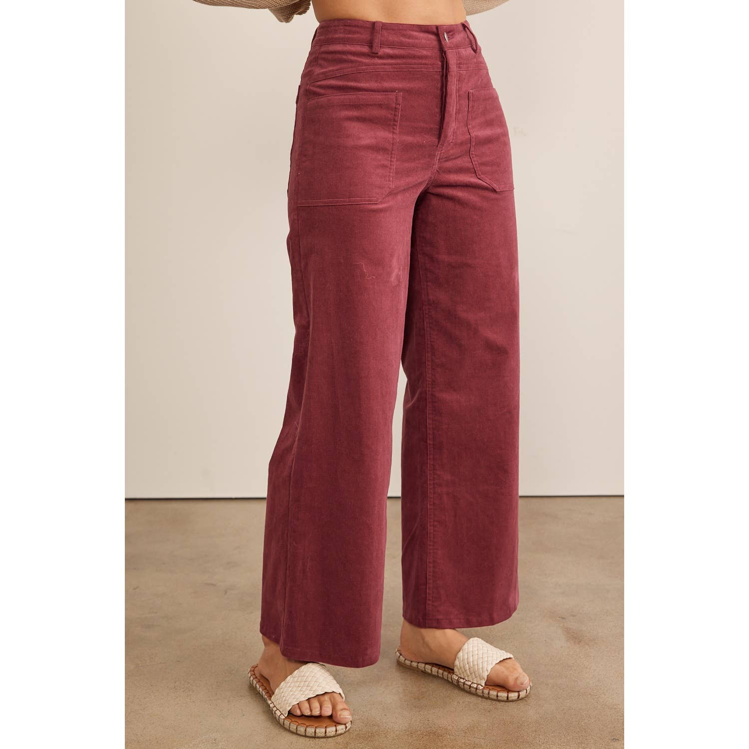 Wide Leg Corduroy Pants - Berry