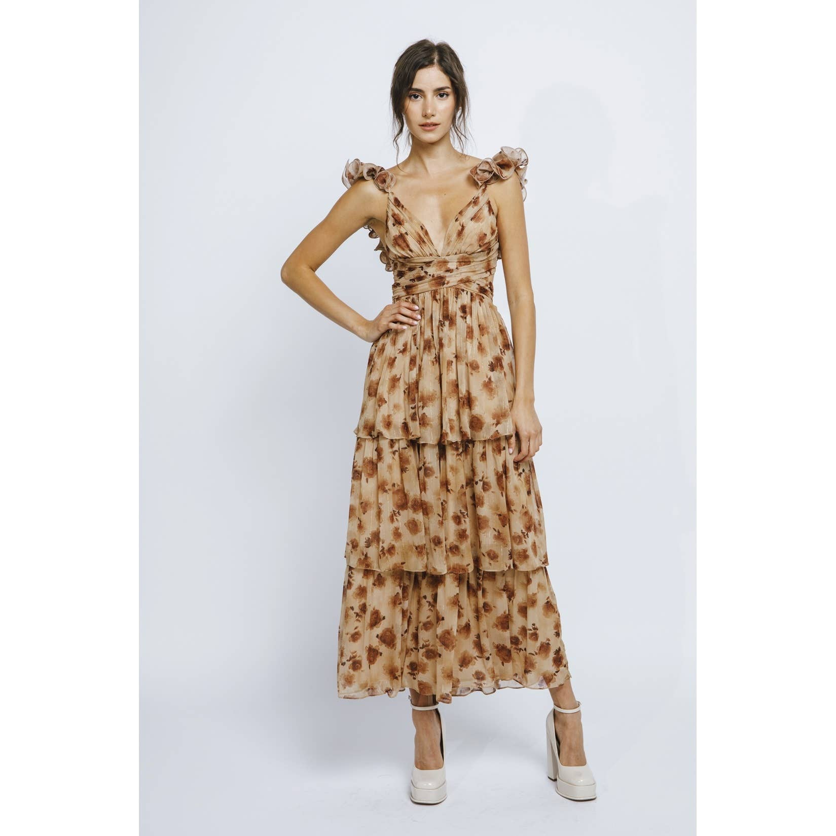 Brown Floral Ruffle Dress