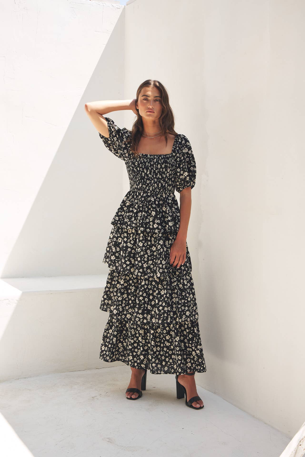 Black Tiered Floral Print Dress