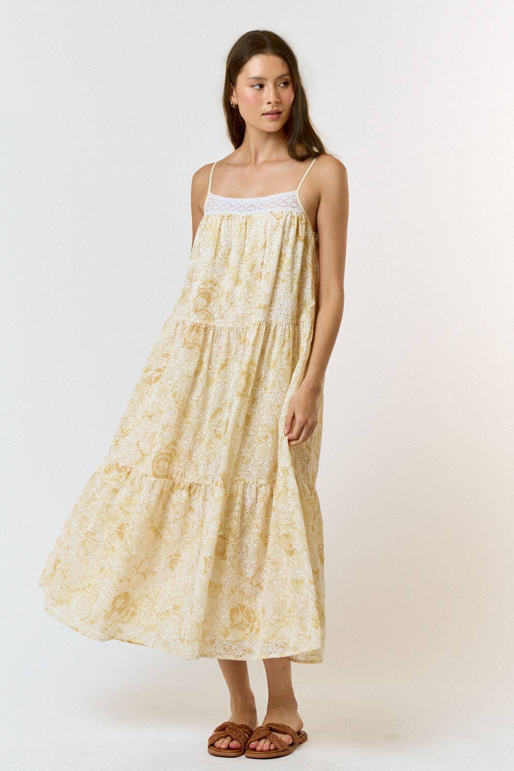 Flower Lace Tiered Maxi Dress - Yellow