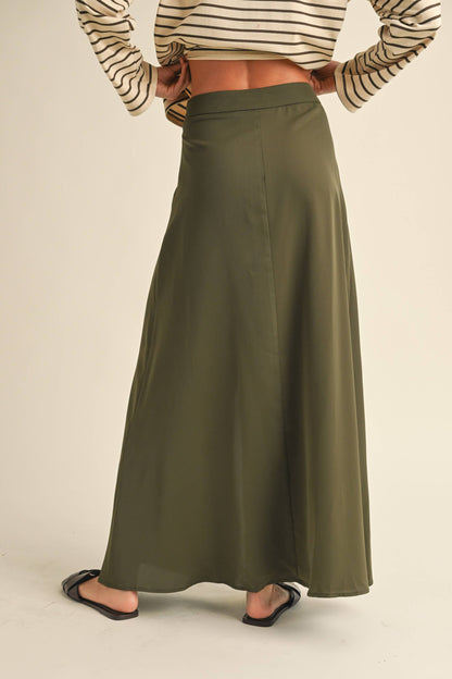 Olive Button Detail Satin Skirt