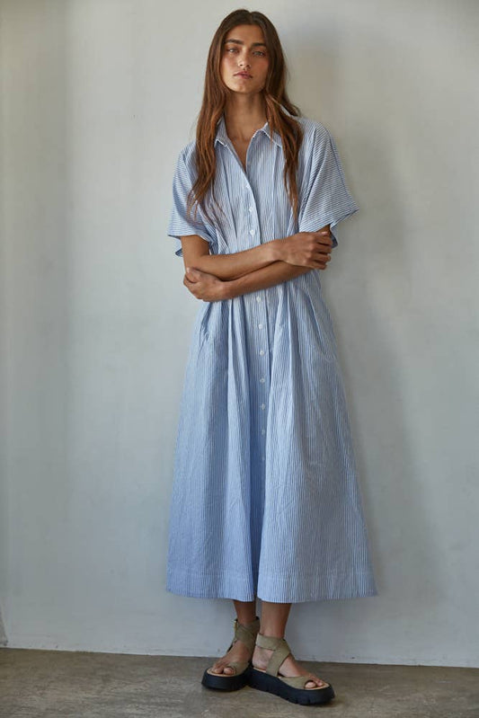 Cream Blue Pleated Dress