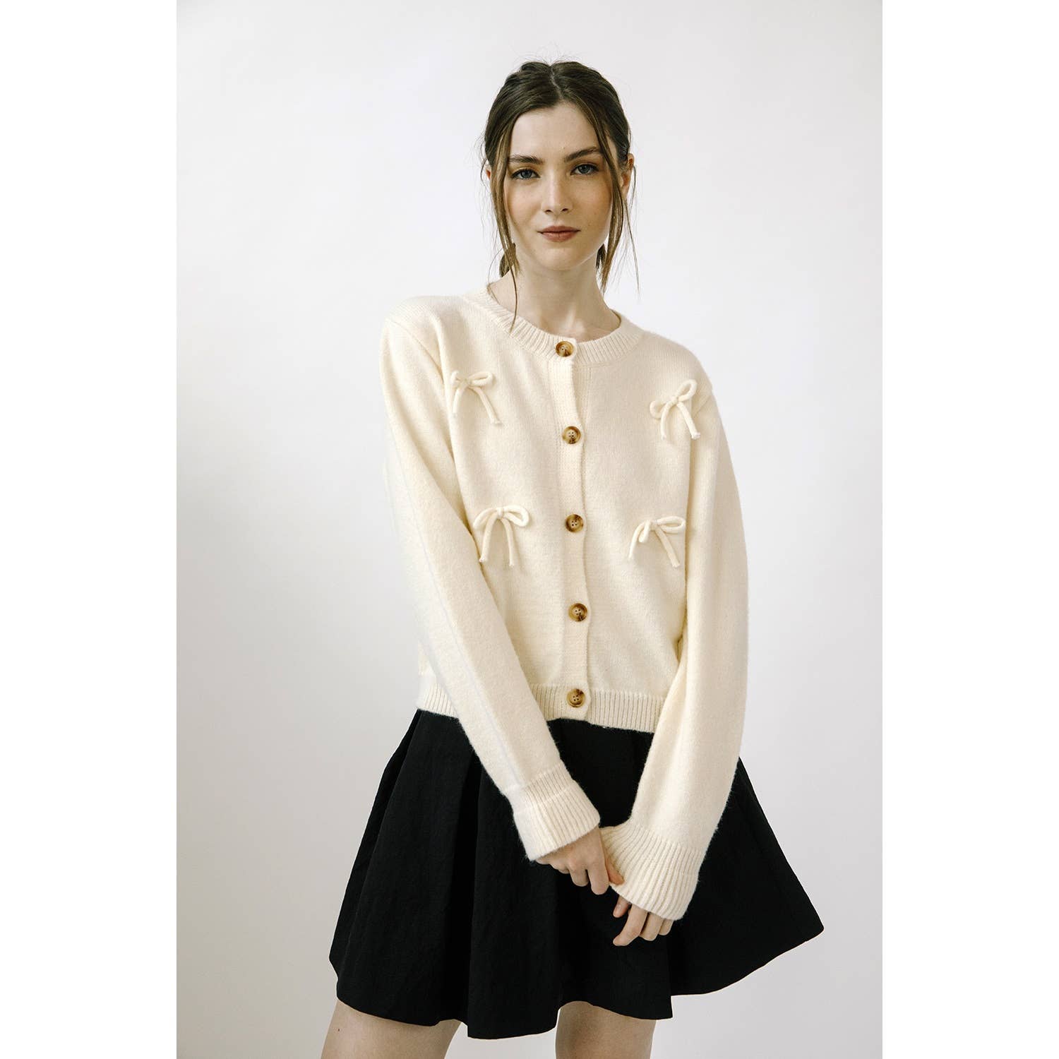 Cream Bow Button Up Cardigan