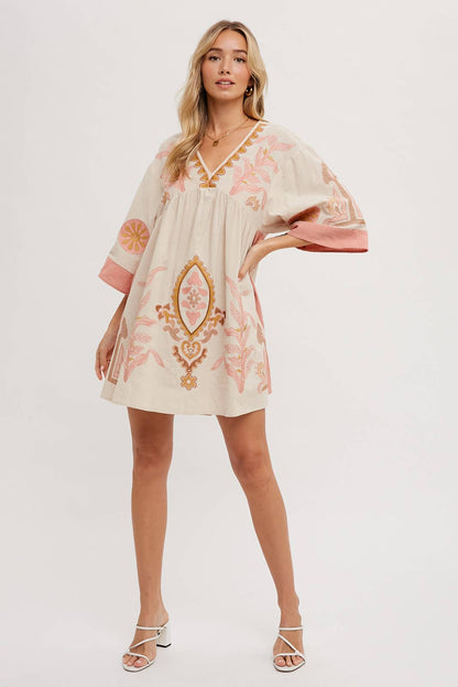 Embroidered Babydoll Dress - Pink