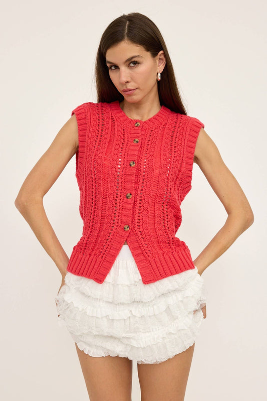 Sleeveless Sweater Cardigan - Red