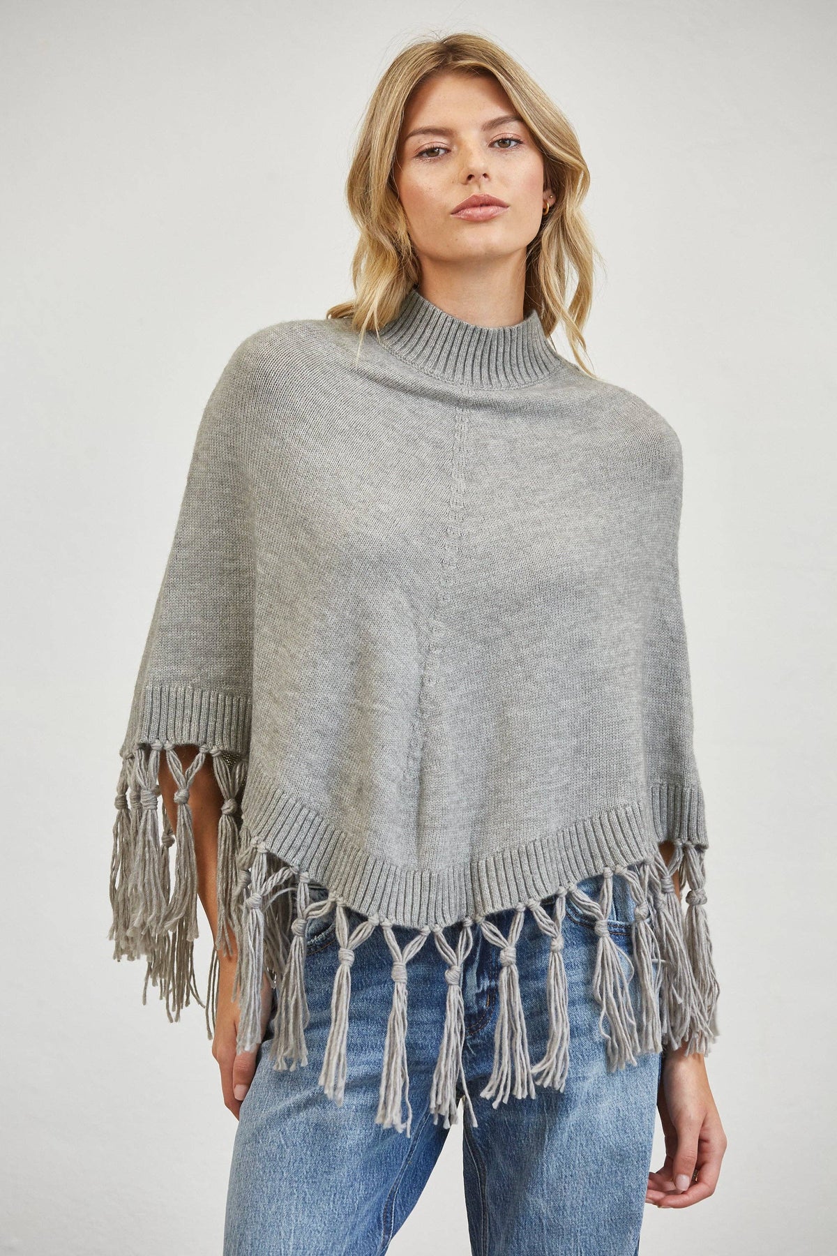 Fringe Mock Neck Poncho