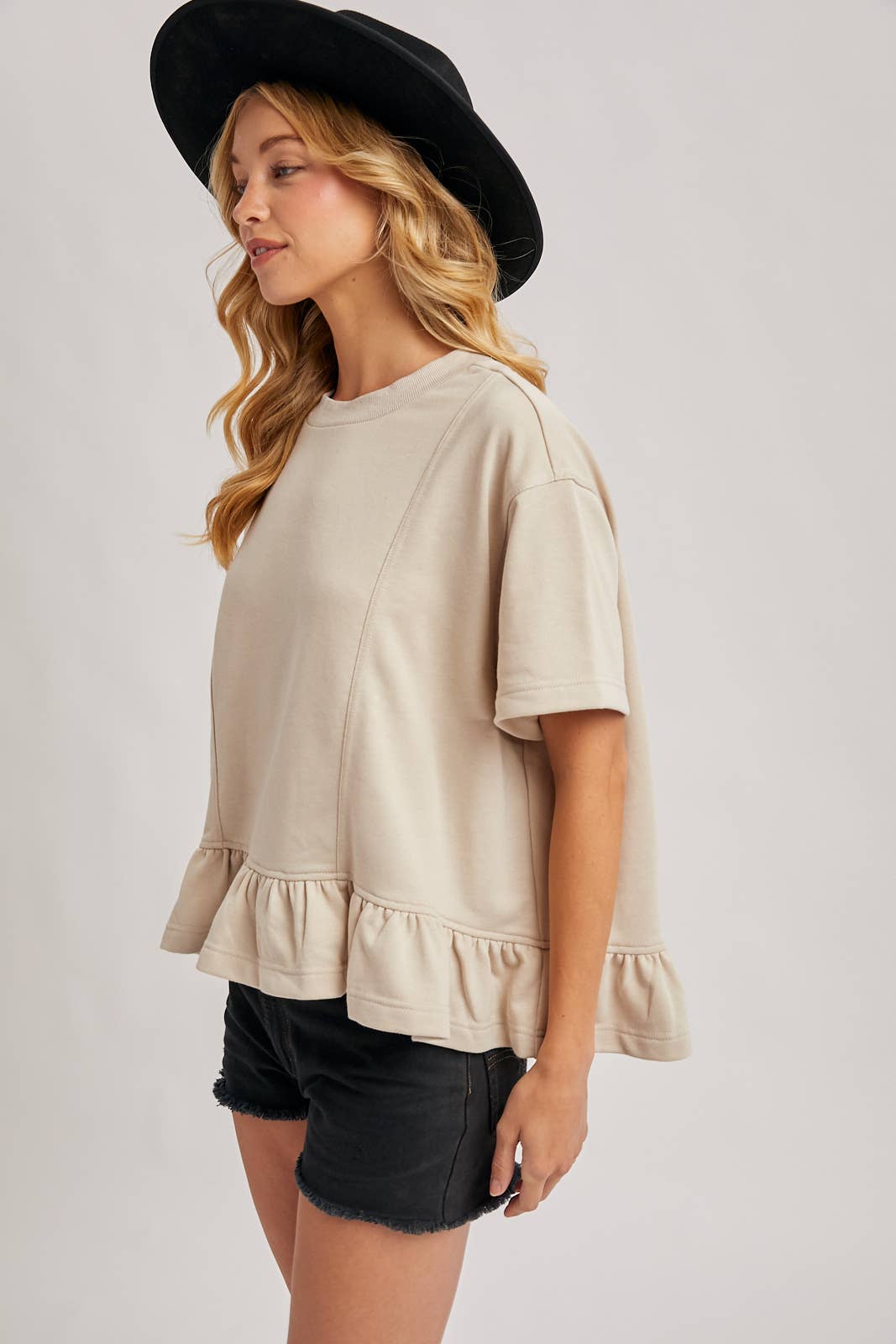 Ruffled Peplum Tee - Sand