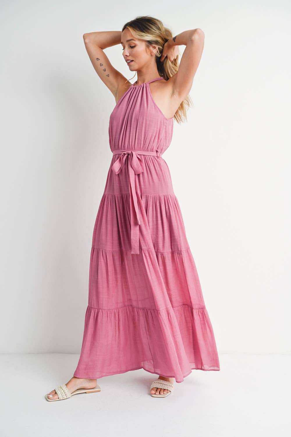 Rose Tiered Halter Maxi Dress