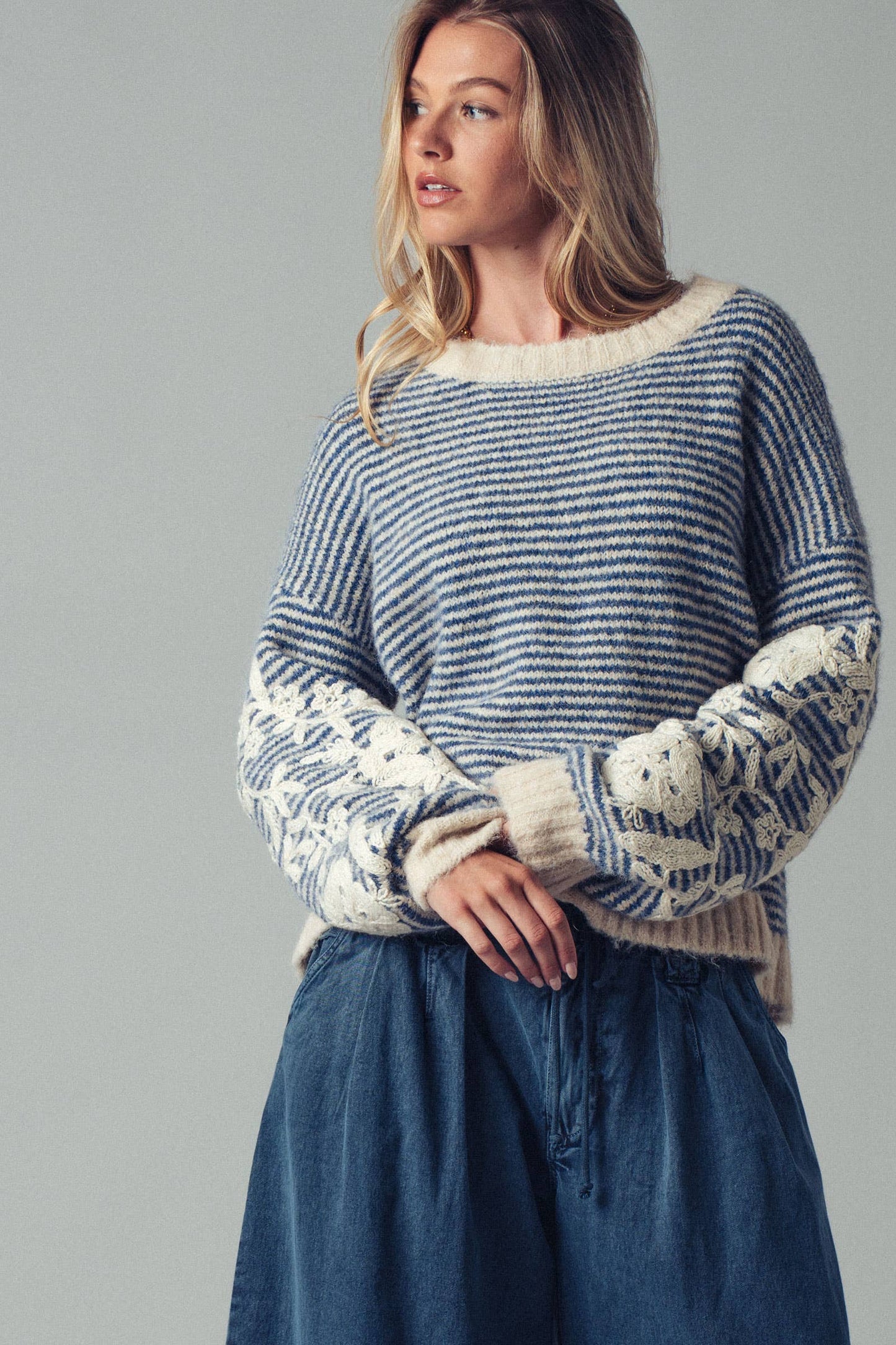 Floral Embroidered Stripe Sweater