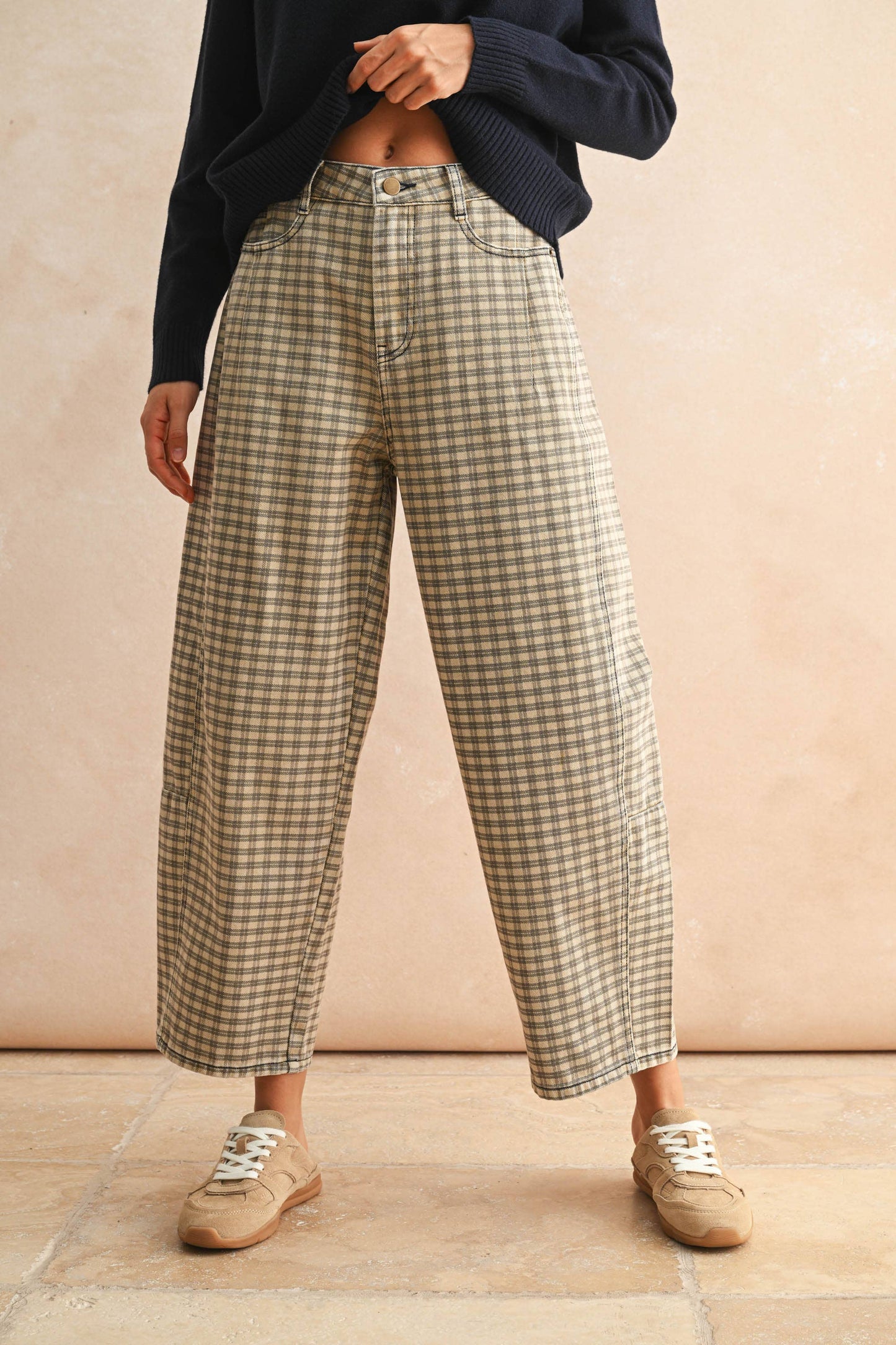 Tan Checker Barrel Pants