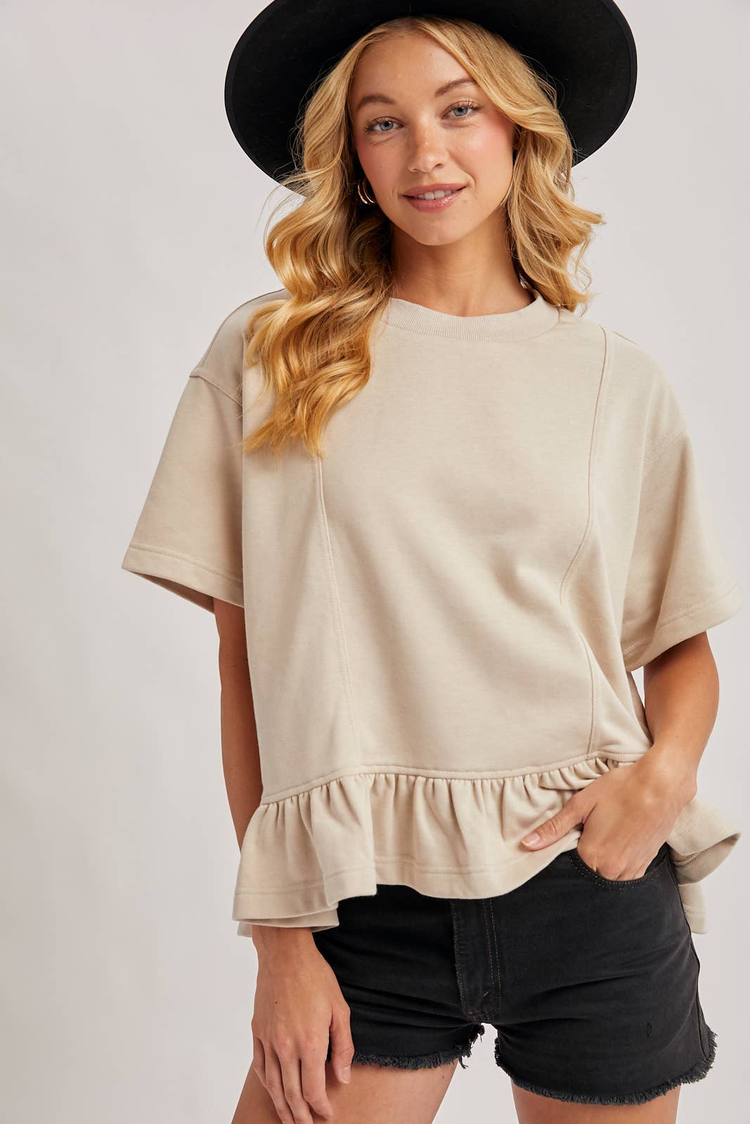 Ruffled Peplum Tee - Sand
