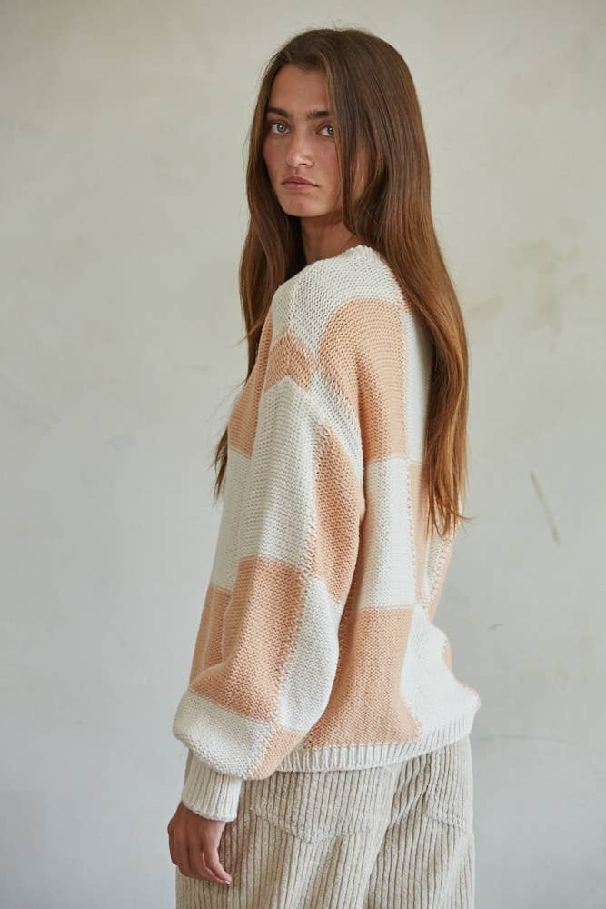 Cream Coral Checkered Pullover