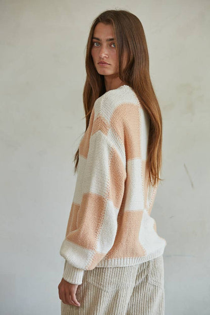 Cream Coral Checkered Pullover