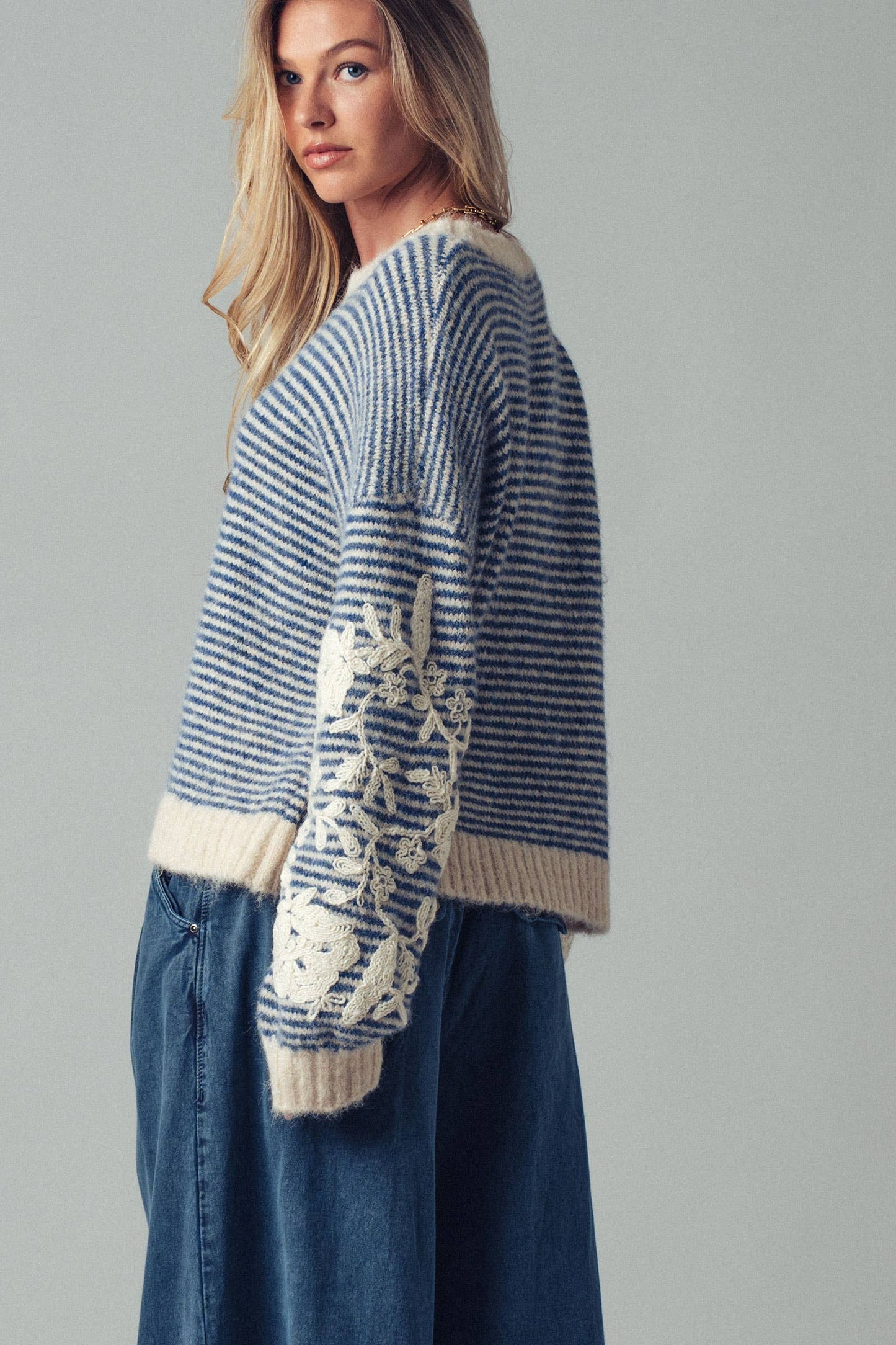 Floral Embroidered Stripe Sweater