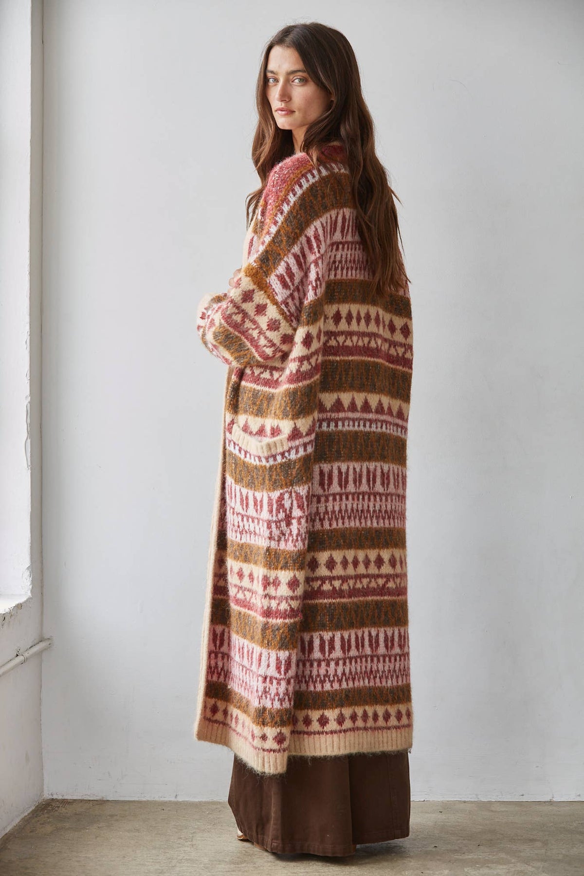 Long Printed Burgundy Cardigan