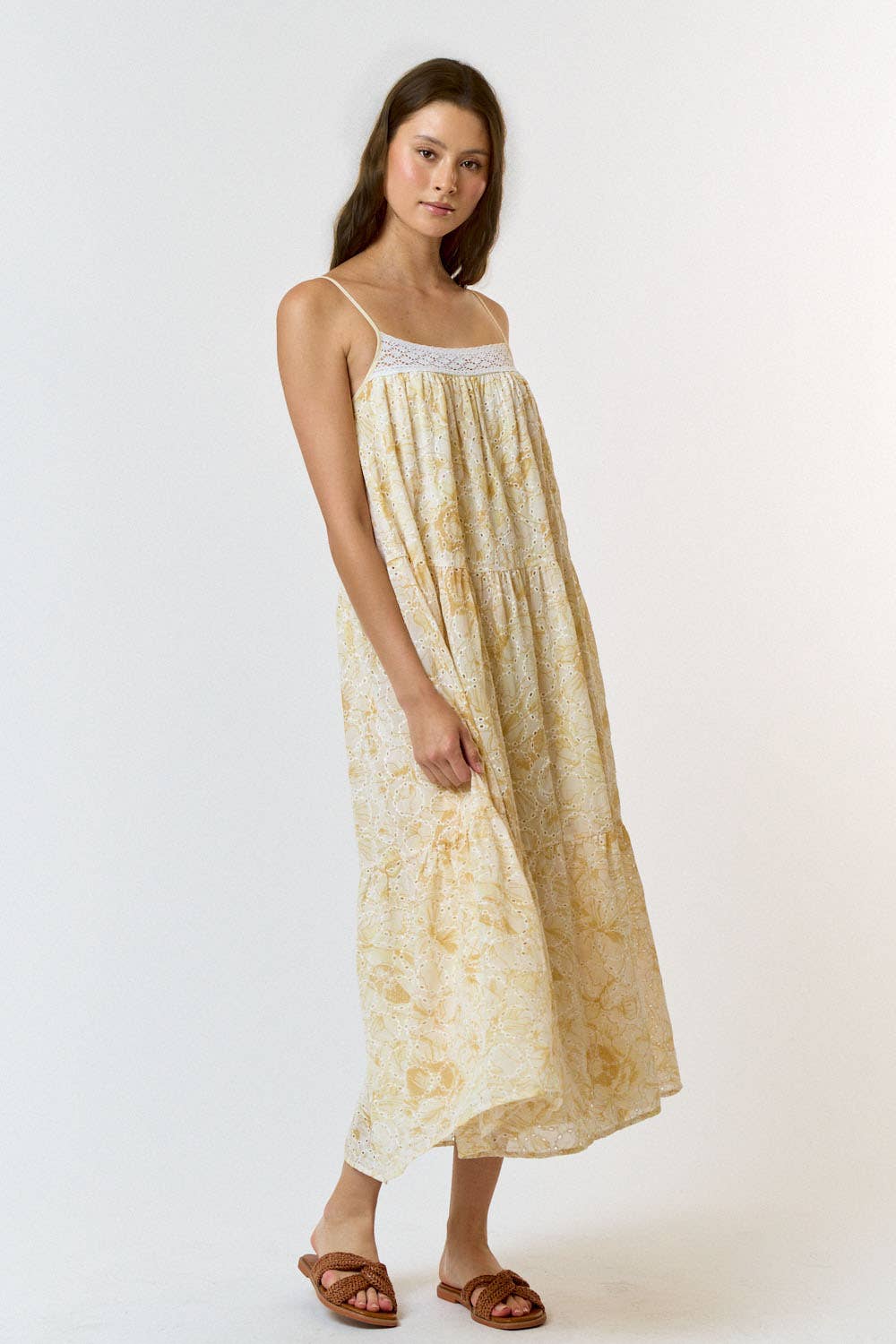 Flower Lace Tiered Maxi Dress - Yellow