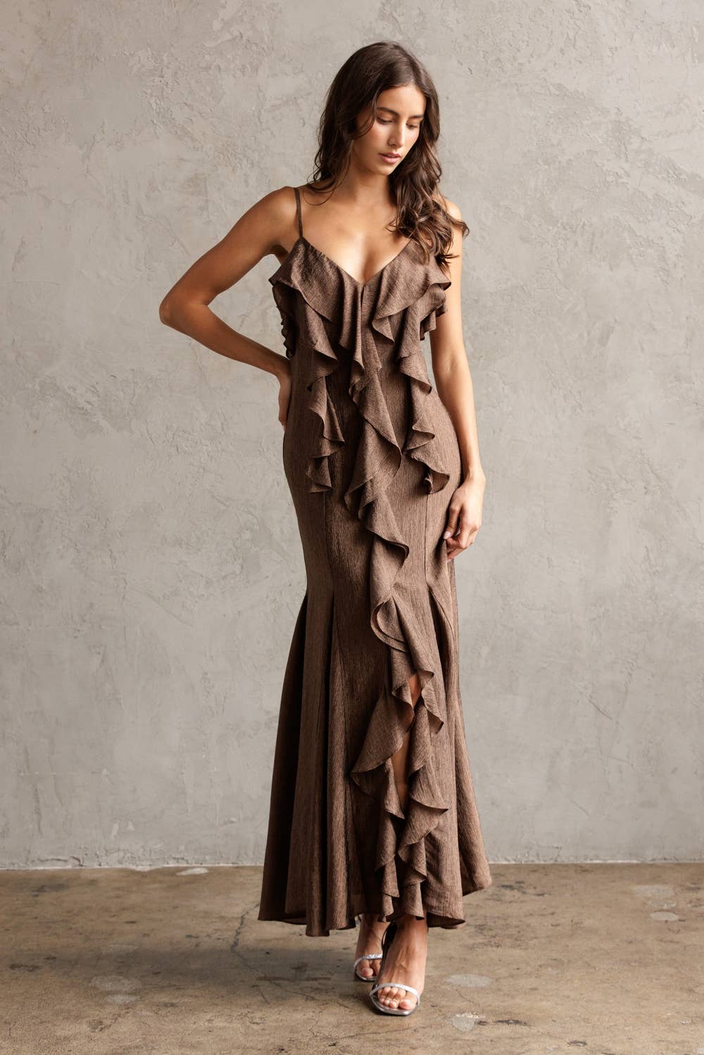 Ruffled Texture Maxi Dress - Brown