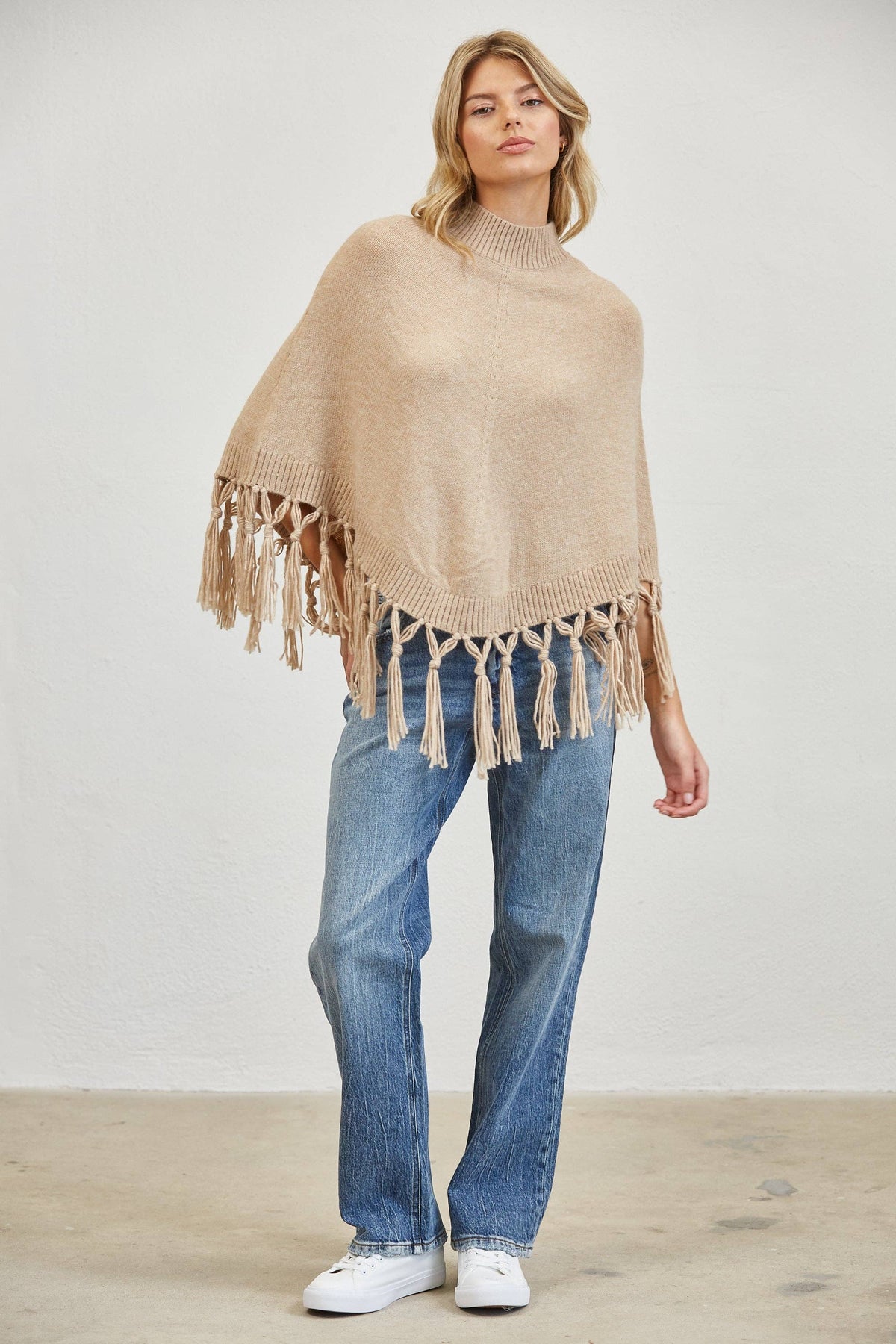 Fringe Mock Neck Poncho