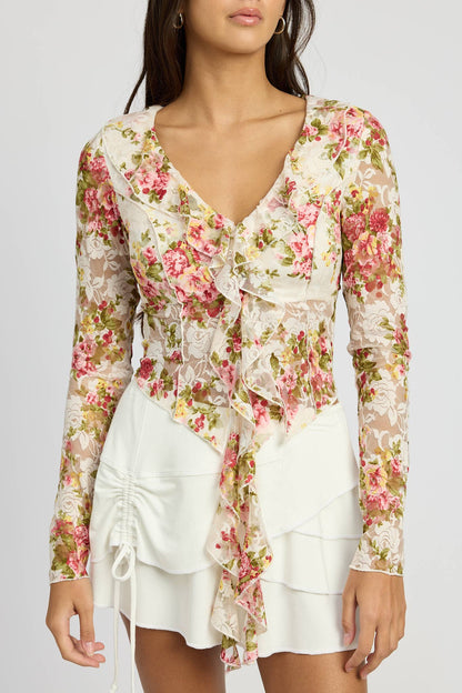 Pink Floral Print Ruffle Blouse