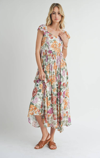 Treasures Ruffle Slv Midi Dress: MULTI