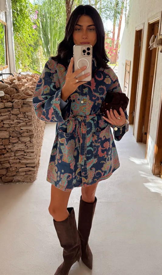 Denim Paisley Belted Shacket