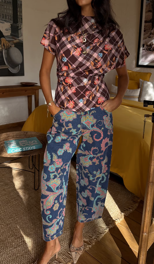 Denim Paisley Barrel Jeans