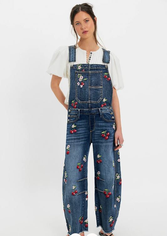 Cherry Embroidered Overalls
